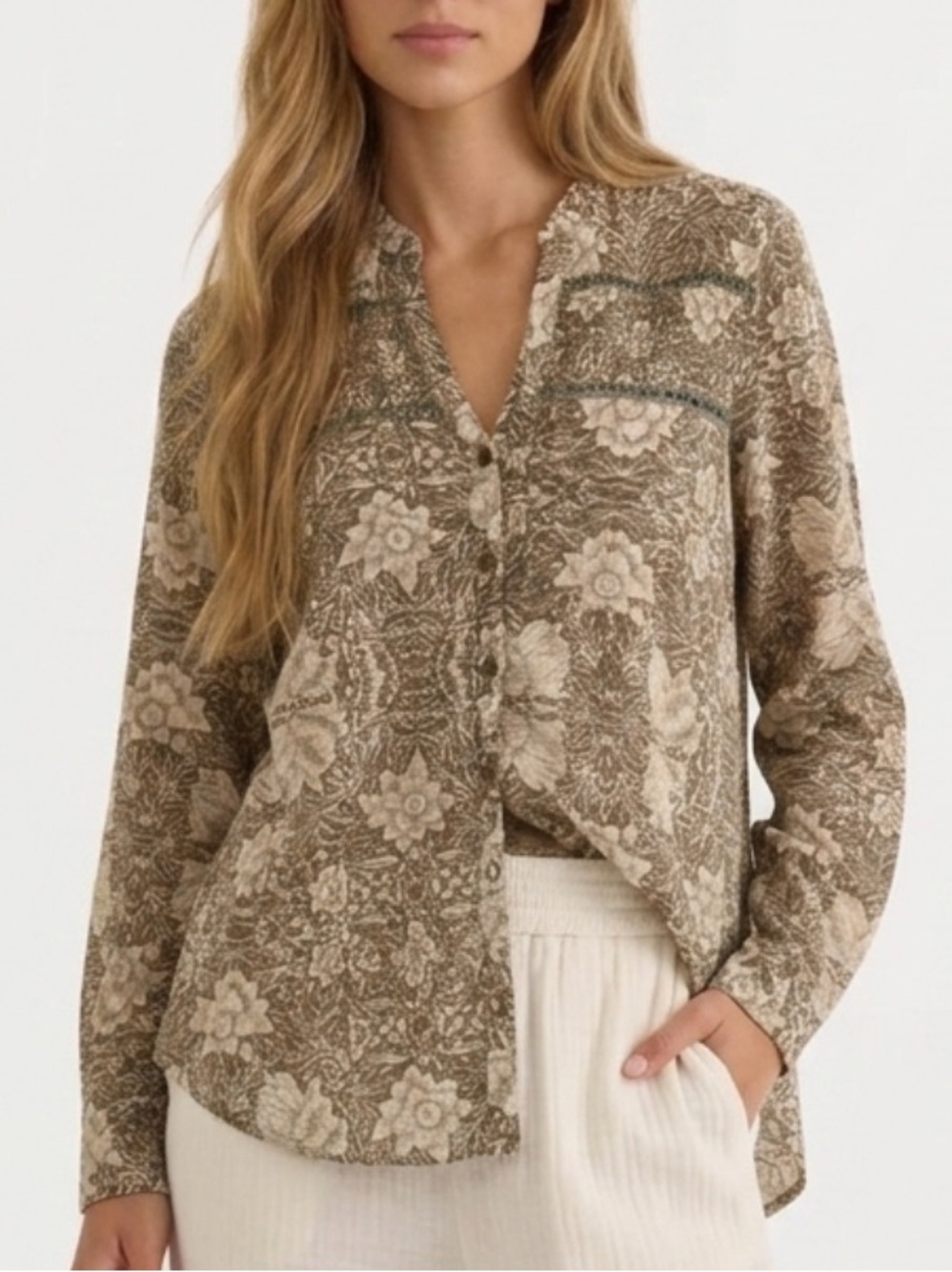 Sun & Shadow Floral Embroidered Long Sleeve Button Down Tunic Top Size Small
